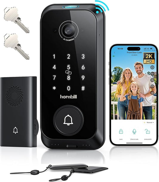 Video Smart Lock with Camera: 4-in-1 Ring+2K Camera+Doorbell+Fingerprint Hornbill Keyless Entry Door Lock, Built-in WiFi Deadbolt(only 2.4G), Two-Way Audio/App Remote Control/PIR, No Monthly Fee
