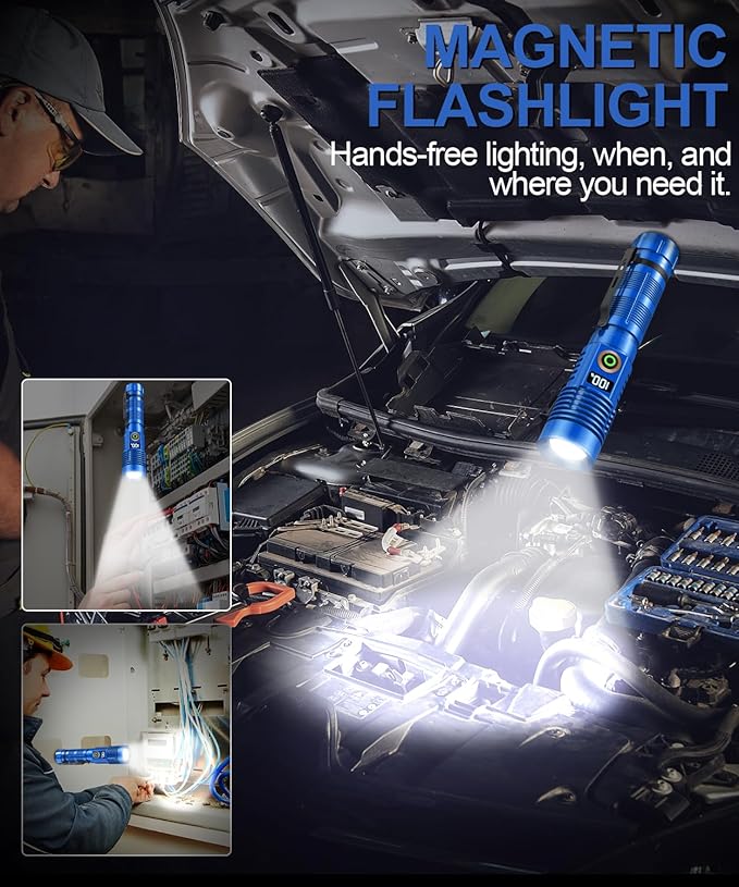 Rechargeable Flashlight High Lumens- Super Bright Magnetic Flash Light with Power Digital Display,Long Range,Dimmable,Waterproof,Pocket LED Flashlights for Emergency Camping 2PC Blue