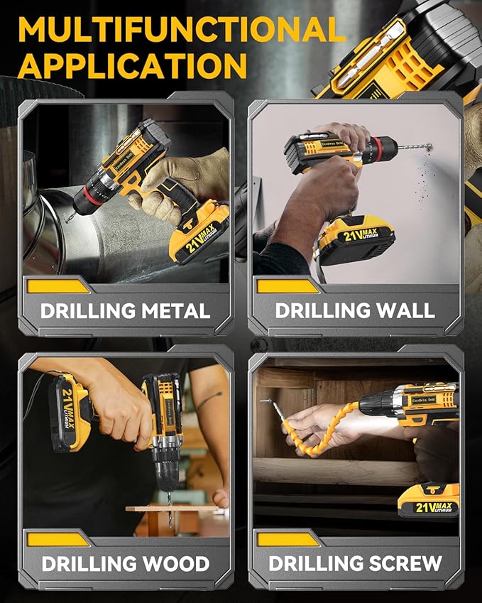 Cordless Drill, 21V 2x 2.0Ah Batteries Electric Drill, Electric Screwdriver Set, 398 In-lbs Power Hammer Drills Driver, 25+3 Torque, 2 Speed LED Light 27 Accessories Combi Drills Kit Tools