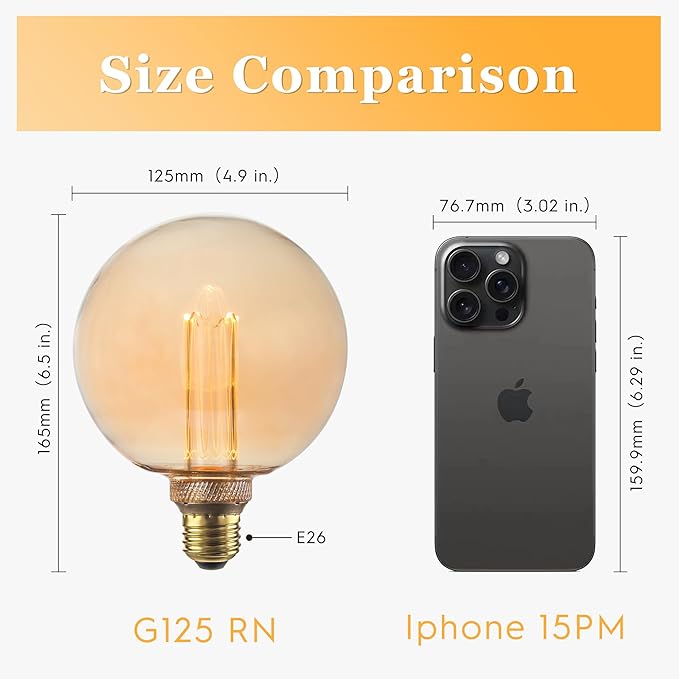 Globe Decorative Light Bulbs Warm, Oversized Vintage Edison Dimmable LED Bulb, 3.5W Low Lumen Eye-Caring Soft Dim Lighting for Mood(Not Daylight White), E26 Medium Base, Amber RN G125