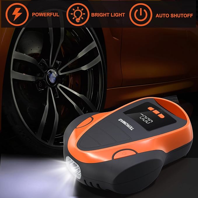 TEROMAS Tire Inflator Portable Air Compressor, Air Pump DC/AC for Car Tires 12V DC and Other Inflatables at Home 110V AC, Digital Electric Tire Pump with Pressure Gauge(Orange)