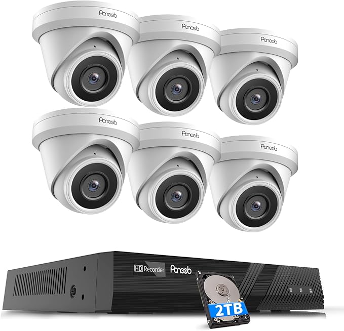 NVR Security Camera System 8 Channel, 6X 5MP Wired Surveillance IP Dome Turret Camera with Person Detection for Home Security, 100ft IR Night Vision, 4K 8CH PoE NVR 2TB HDD, PD93A0608-5M