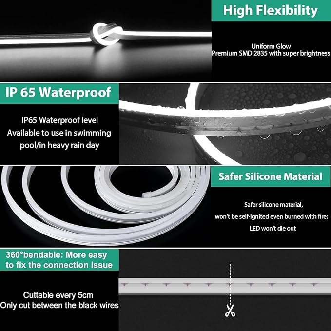 Lamomo LED Strip Lights, 100ft White Dimmable Neon LED Rope Lights, 24V Waterproof LED Light Strip, 6000K Flexible Neon Lights for Bedroom Indoor Outdoor Home Decor