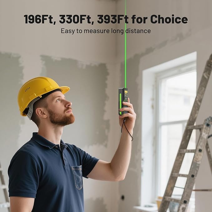 Huepar Professional Green Laser Measuring Tool 196ft, Digital Rechargeable Laser Distance Meter with Angle Sensor, 1/16in Accuracy, M/in/Ft Unit, Pythagorean Mode, Measure Distance, Area, Volume