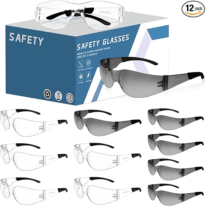Clear Safety Glasses Bulk of 12,ANSI Z87.1 Impact Resistant Lens Eye Protection for Lab,Construction
