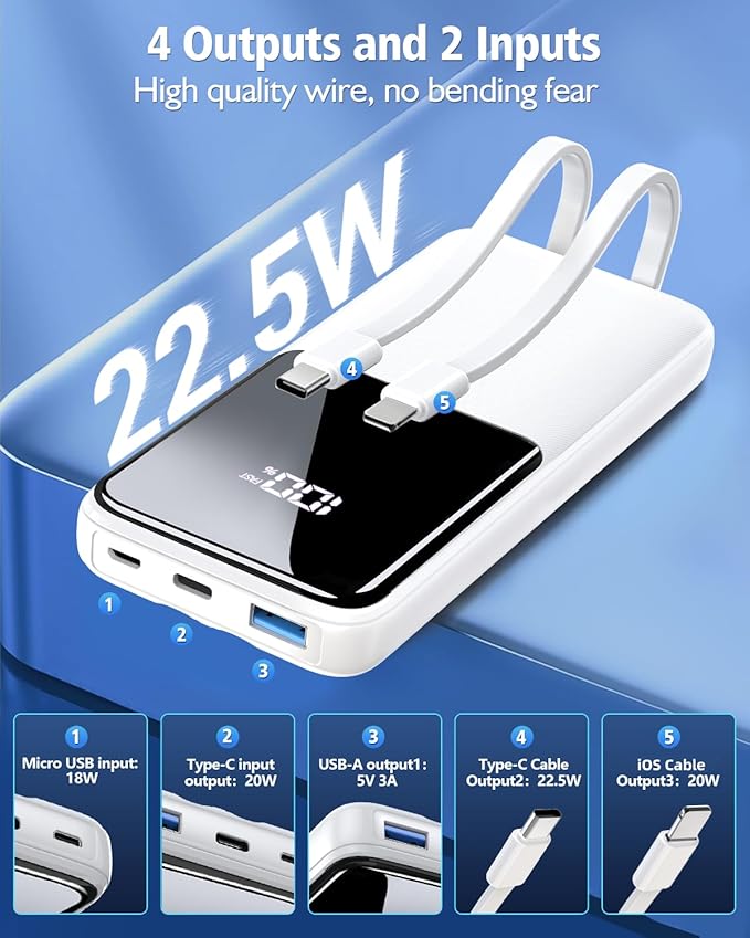 Portable Charger Power Bank - 20000mAh Fast Charging Portable Battery Pack with Built in USB-C(22.5W) and iOS(20W) Output Cables Compatible with iPhone Android Samsung Phone etc (1 Pack, White)