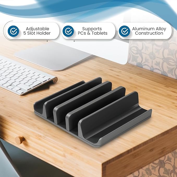 Multiple Laptop Holder Vertical – Adjustable Laptop Vertical Stand Holds 5 Devices, Fits All MacBooks Laptops Tablets and Mobiles (up to 17.3”). Closed Upright Vertical Laptop Stand for Desk