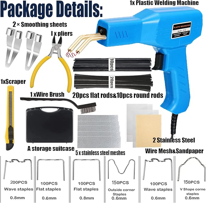 Upgraded 220W Plastic Welder Bumper Repair Kit,2-in-1 Plastic Welding Kit 800PCS Hot Staples & 30pcs Plastic Welding Rods,Hot Stapler Plastic Repair Kit for Car Bumper Kayak Crack Repairs(blue)