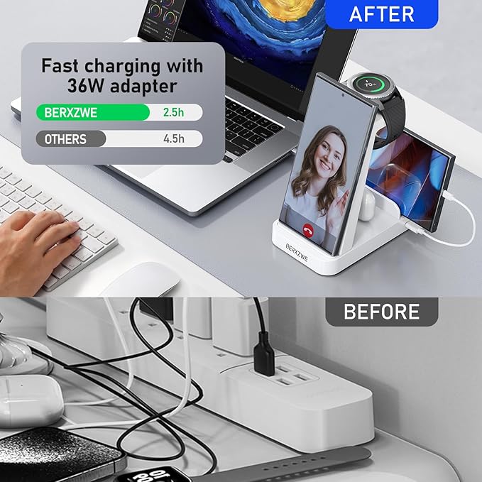 Wireless Charger for Samsung, 5 in 1 Wireless Charging Station for Samsung, Charger Dock Stand for Galaxy Watch Ultra 7 6 5 4 3, Galaxy S25 S24 Ultra S23 S22 S21, Note 20 10 Z Fold Buds, White