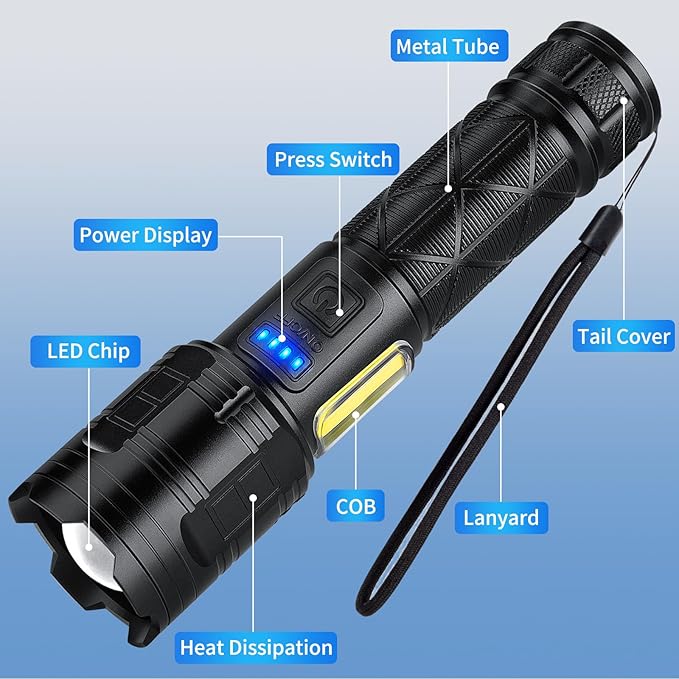 Rechargeable LED Flashlights High Lumens, 99,000 Lumen Super Bright Flashlight with 7 Modes & Waterproof, Powerful USB Rechargeable Handheld Flash Light for Camping Home, Black