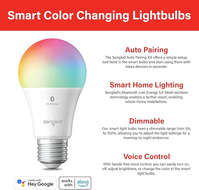 Sengled Smart Light Bulbs, Color Changing Alexa/Bluetooth Mesh, Dimmable LED Bulb A19 E26 Multicolor, High CRI, High Brightness, 8.7W 800LM, 1Pack