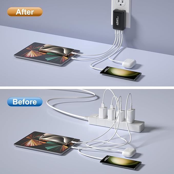 USB C Wall Charger 40W, Excgood 4-Port Flat USB C Charging Block Dual PD+QC Slim Fast Foldable Wall Plug Travel Compatible for iPhone 16 15 Pro Max 14 13 iPad Watch Galaxy S24 Pixel,2Pack Black White