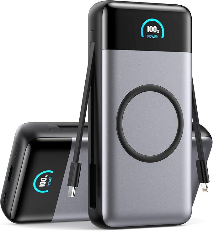 Wireless Portable Charger 40800mAh with Built-in Cables, 15W Wireless Charging USB C Power Bank, 25W PD QC 4.0 5 Outputs TFT LCD Display Battery Pack for iPhone 16/15/14/13/12, Samsung, Android etc