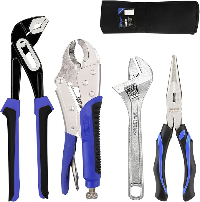 4-Piece Home Maintenance Tool Kit for Men, Including Groove Joint, Long Nose, Diagonal Cutting, Locking Pliers, Adjustable Wrench and Linesman Pliers, with Storage Pouch