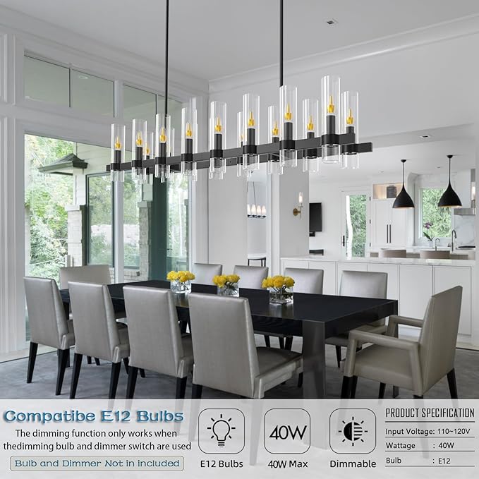 Modern Black Island Rectangle Chandelier with Clear Glass,63” Adjustable Height Modern Linear Light Fixture 16 Light Dining Room Chandelier Over Table for Dining Room Kithen Island