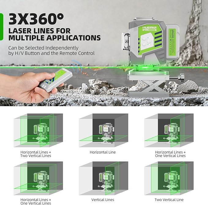 Laser Level, 3x360° Self Leveling Green Tiling Level Laser Tool, 3D Cross Line Laser Level Tool, High Accuracy Floor Laser with 8000mAh Li-ion Battery, Remote Control & Hard Carry Case