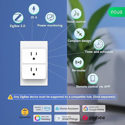 ZigBee Smart Plug 15A, Energy Monitoring, Compatible with Alexa, Google Home, Home Assistant, SmartThings, Remote App Control, Timer & Schedule, Compact Design, Smart Outlet, 4 Pack