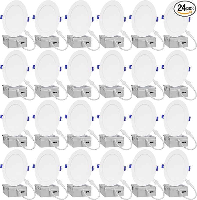 24-Pack of 6-Inch Slim LED Recessed Lights with Junction Box, Adjustable Color Temperatures (2700K-5000K), 12W Equivalent to 110W, Dimmable, 1050LM Brightness - ETL and Energy Star Certified