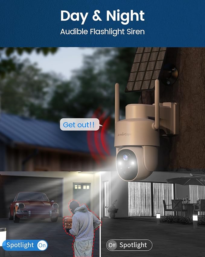 Solar Security Cameras Wireless Outdoor,360° View Battery Powered with Spotlight Color Night Vision,2K WiFi Home Security,PIR Sensor,Wireless Easy Install, 2.4 GHz Wi-Fi