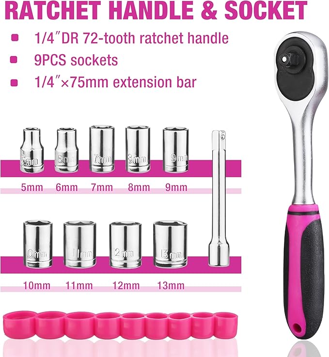 ValueMax Pink Tool Kit, 218-Pieces Home Repairing Tool Set, Household Tool Kit with Wide Mouth Open Storage Bag, Household Hand Tool Set for DIY, Gifts and Basic Home Maintenance