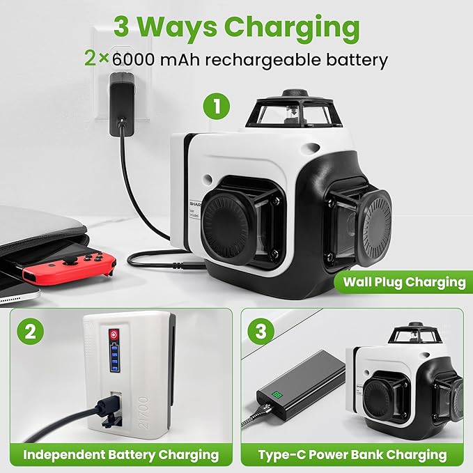 Laser Level 360 Self Leveling, 3x360° Green Cross Line Lazer Leveler Tool for Construction and Picture Hanging, 3D 12 Lines Laser with 2*6000mAh Rechargeable Battery Magnetic Rotating Bracket