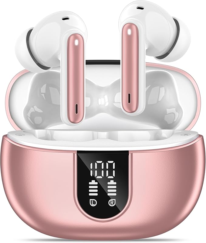 Wireless Earbuds, Bluetooth 5.3 Headphones 40Hrs Playtime Deep Bass Stereo, LED Power Display, Call Noise Canceling Headphones with Mic, IP7 Waterproof Earphones for iOS Android Rose Gold