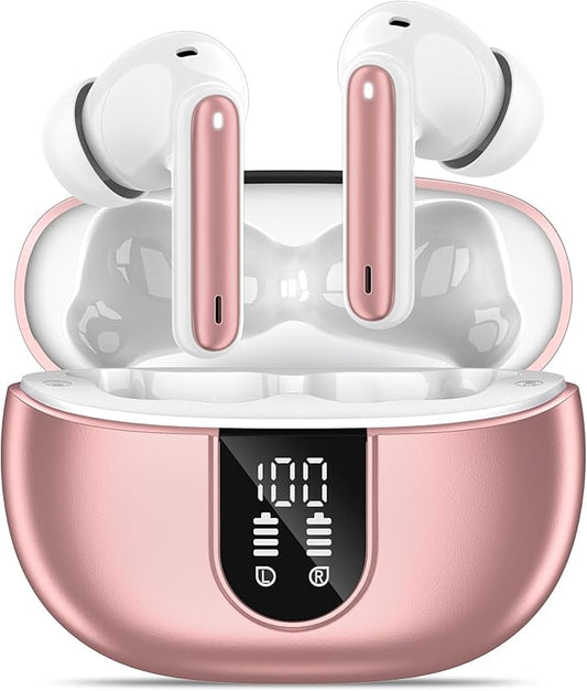 Wireless Earbuds, Bluetooth 5.3 Headphones 40Hrs Playtime Deep Bass Stereo, LED Power Display, Call Noise Canceling Headphones with Mic, IP7 Waterproof Earphones for iOS Android Rose Gold