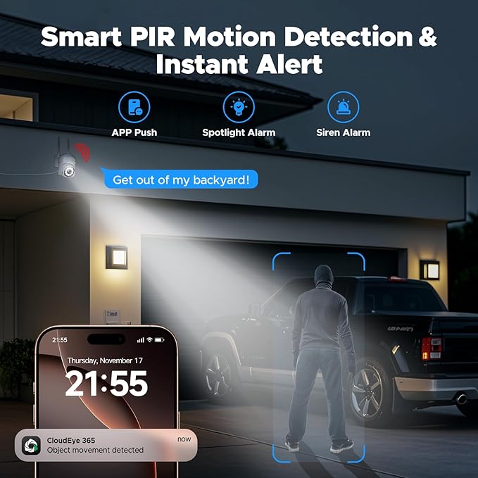 Home Security Camera System, 4Pcs PTZ Wireless Cameras with Auto Human/Pet/Vehicle Detection, 10CH 4K NVR with 24-7 Recording, 2-Way Audio, Smart Color Night Vision, Outdoor Surveillance Kit