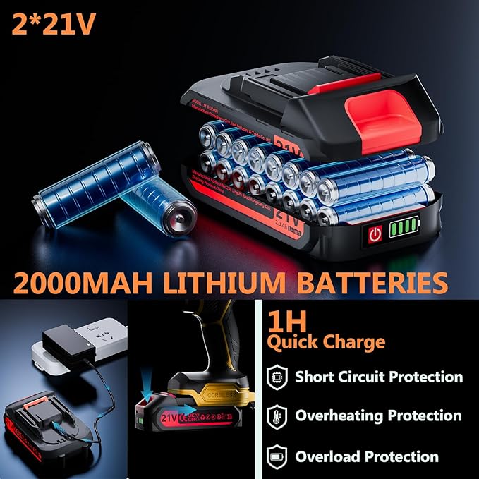 Cordless Drill with 2 Batteries and Charger, 21V Electric Drill Cordless, Portable Power drill Set, 3/8" Keyless Chuck, 2 Variable Speed, 25+ 3 Clutch, 398 In-lb Max Torque