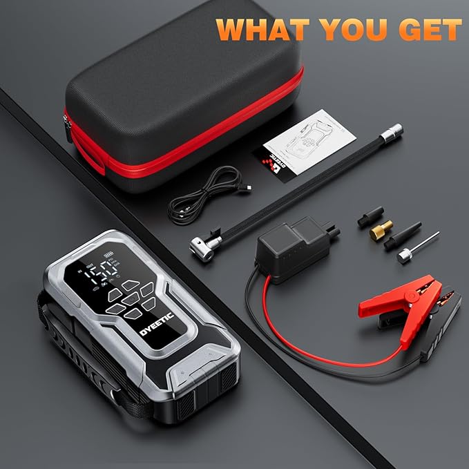 Portable Car Jump Starter with Air Compressor,6000A 150PSI Car Battery Jump Starter (All Gas/10.0L Diesel Engines),12V Pack Jump Box with Large Digital Display, 21800mAh Power Bank,Smart Jumper Cable