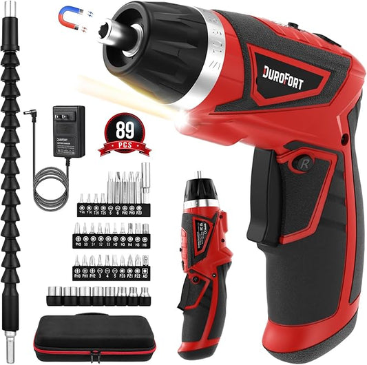 Cordless Electric Screwdriver Set, 8V 10Nm Rechargeable Power Electric Drill, Battery Screw Gun with Driver Bit, 320RPM/10+1 Torque, 2 Position Handle, Flexible Shaft LED Light (Red, 89Pcs)