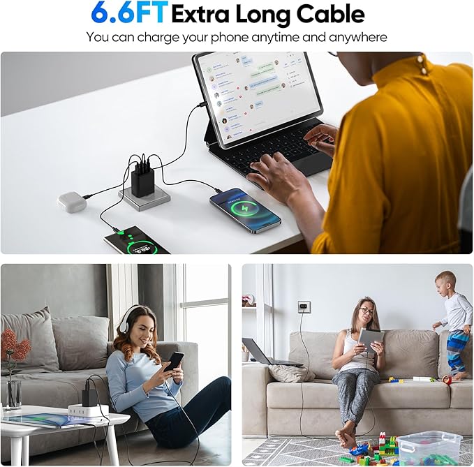[2-Pack] USB C Wall Charger,80W 4-Port Type C Fast Charging Block,USBC Multiport Wall Plug PD&QC GaN Charging Cube with USB C Cable for iPhone 16/15/14/13/12/11/Pro Max/XS/XR, iPad, Samsung（Black