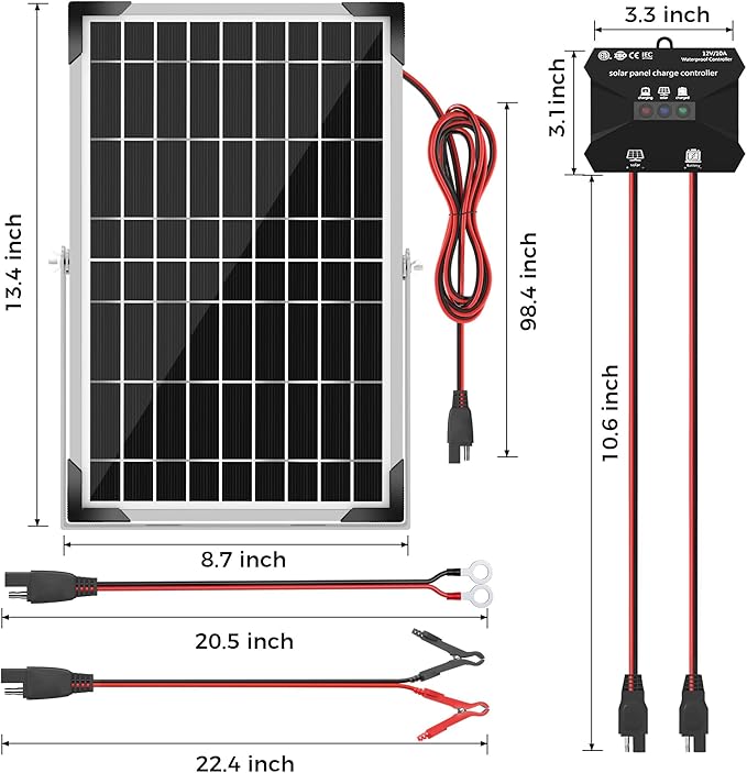 Solar Battery Trickle Charger: 10 Watt 12V Solar Panel Maintainer for Car Boat - Waterproof Monocrystalline Solar Charger with Controller for RV Marine Trailer Truck Motorcycle