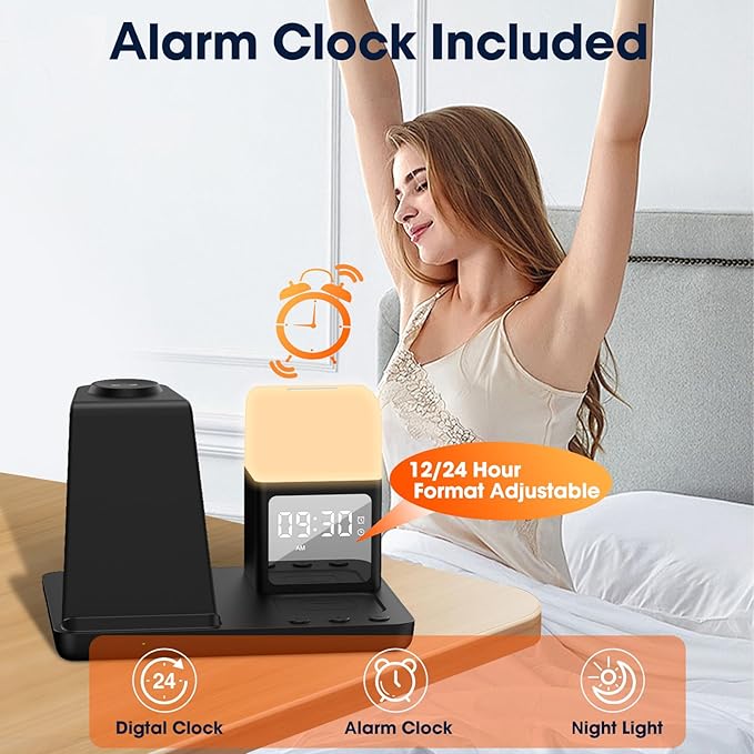 Wireless Charger for Samsung/Android, 6 in 1 Phone Nightstand Charging Station Charger with Alarm Clock/Night Light for Samsung S25/S24/S23 Ultra/Buds3 Pro,Watch Charger for Galaxy Watch 8/7/6/5-Black