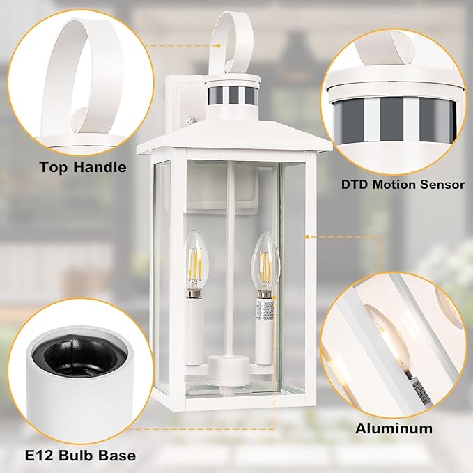 White Motion Sensor Light Outdoor, 18" ETL Listed Outdoor Lights with Sensor Detection, 2-Light Aluminum White Exterior Light Fixture with E12 Socket, Outside House Lights Wall Mount
