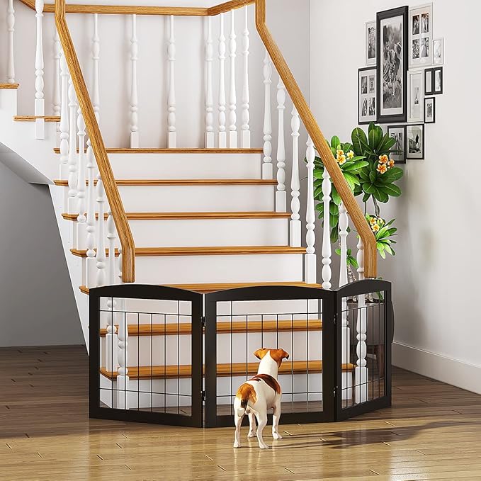 PAWLAND Free Standing Dog Gates for The House Stairs Doorways Indoor Foldable Wooden Small White Puppy Pet Gate Step Over Fence 60" W 24" H 3 Panels Espresso