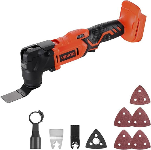 VEVOR Cordless Oscillating Tool, 20V Multitool Oscillating Tool with 6 Variable Speeds 8500-17000 OPM, 3.2° Oscillating Angle, 8PCS Saw Accessories & LED Work Light (Battery Pack Not Included)
