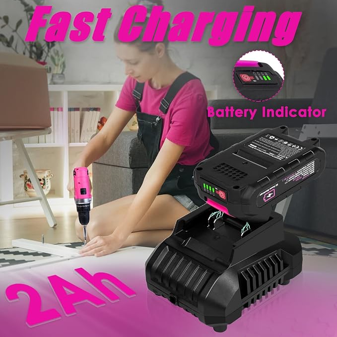 Tool Kit with 20V Cordless Drill(265in-lbs), Pink Drill Set for Women, Lady's Home Tool Kit for DIY, Daily Repair Tool Set as a Creative Gift with a Large-Capacity Tool Storage Bag