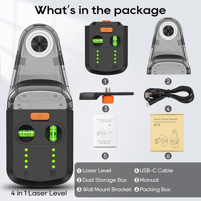 4-in-1 Laser Level Tool, Rechargeable Wall Mount Laser Level for Picture Hanging, with Line Laser, Drill Dust Collector, Wall Bracket, Electronic Vacuum Suction Cup Home Renovations