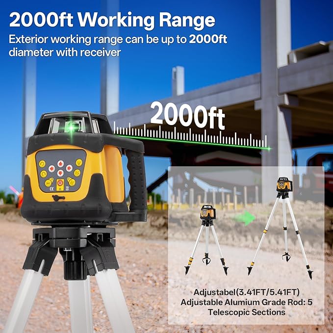 Self-Leveling Green Rotary Laser Level Kit, 2000’ Range, ±0.11"/100ft Accuracy, IP66 Waterproof & Dustproof, Includes Tripod, Grade Rod, Receiver, Detector Holder & Aluminum Carrying Case