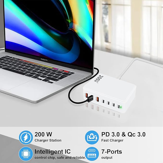 USB C Charger Block 200W 7 Port Fast Charging Station, PD 45W Laptop Charger Brick Adapter Compatible with MacBook Pro/Air,DELL,Steam Deck,iPhone 16/15/14,Galaxy S23/22 (White)