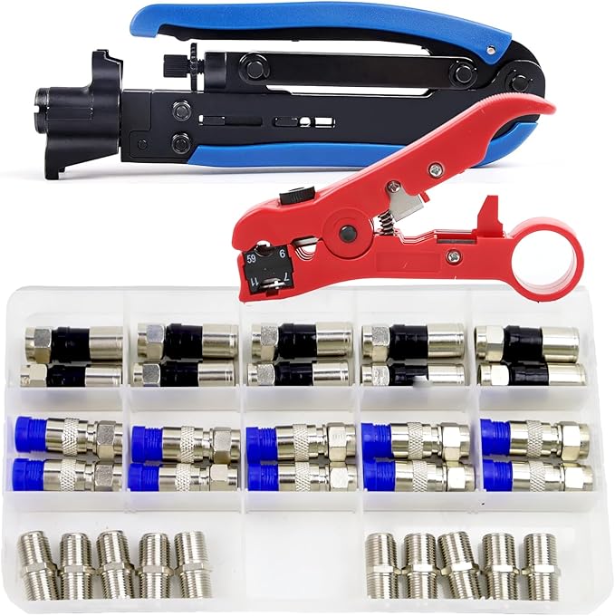 Coax Cable Crimper Kit Coaxial Compression Tool F RG6 RG59 RG11 75-5 75-7 Fitting Wire Coax Stripper 20PCS F Male And 10pcs Female Connectors