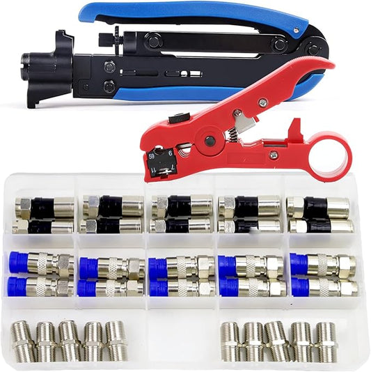 Coax Cable Crimper Kit Coaxial Compression Tool F RG6 RG59 RG11 75-5 75-7 Fitting Wire Coax Stripper 20PCS F Male And 10pcs Female Connectors