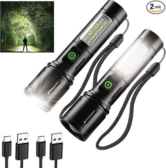 Rechargeable Flashlights High Lumens 2 Packs, 900,000L LED Metal Flashlight Battery Powered with 6 Modes, Cob Side Light, USB C, Waterproof, Zoomable, Handheld Flash Lights for Emergency Home