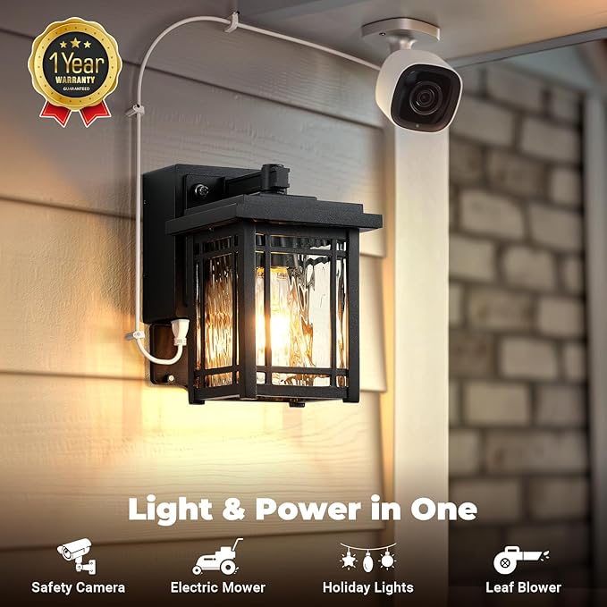 2-Pack Porch Light with GFCI Outlet, Black Dusk to Dawn Outdoor Lantern Wall Mount, Modern Outdoor Sconces Wall Lighting with Glass Shade, Waterproof Outdoor Light Fixtures for House, Garage