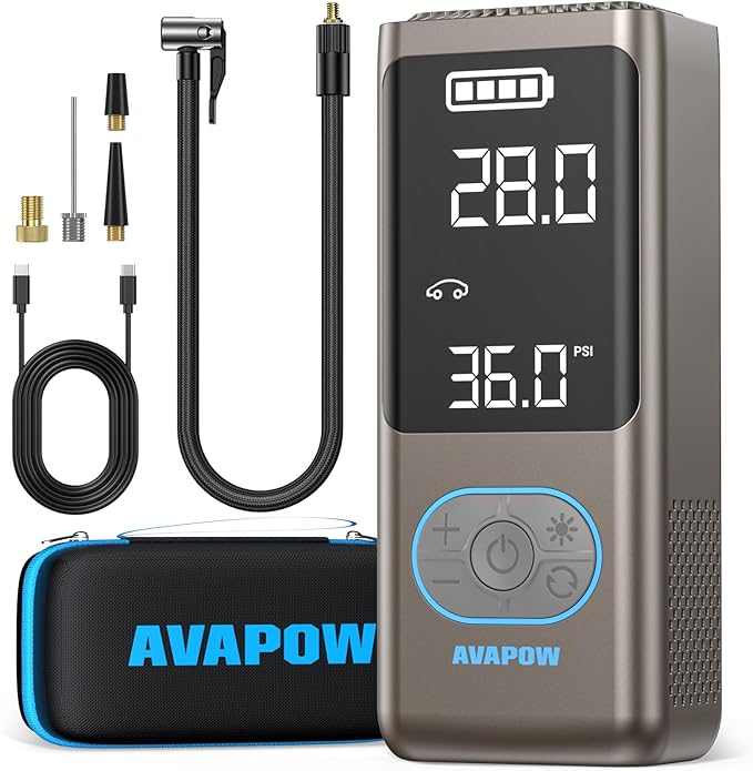 AVAPOW AP18 Tire Inflator Portable Air Compressor, 300% Faster 150 PSI Cordless Air Pump with Tire Pressure Gauge, 3.7″ Dual LCD Screen, Auto-Shuts Off Tire Pump for Car, Motorcycle, Bicycle, Gold