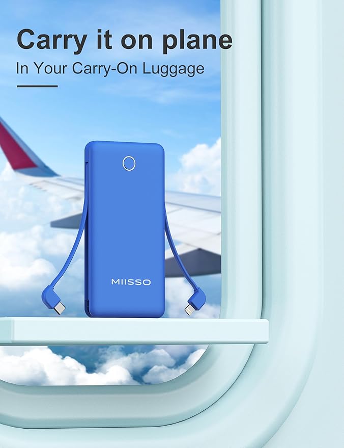 miisso 10000mAh Slim Portable Charger with Built in Cable, Power Bank Travel Charger External Battery Pack for Phone, 4 Output USB Type C Cord Clutch Charger Compatible with iPhone, Deep Blue