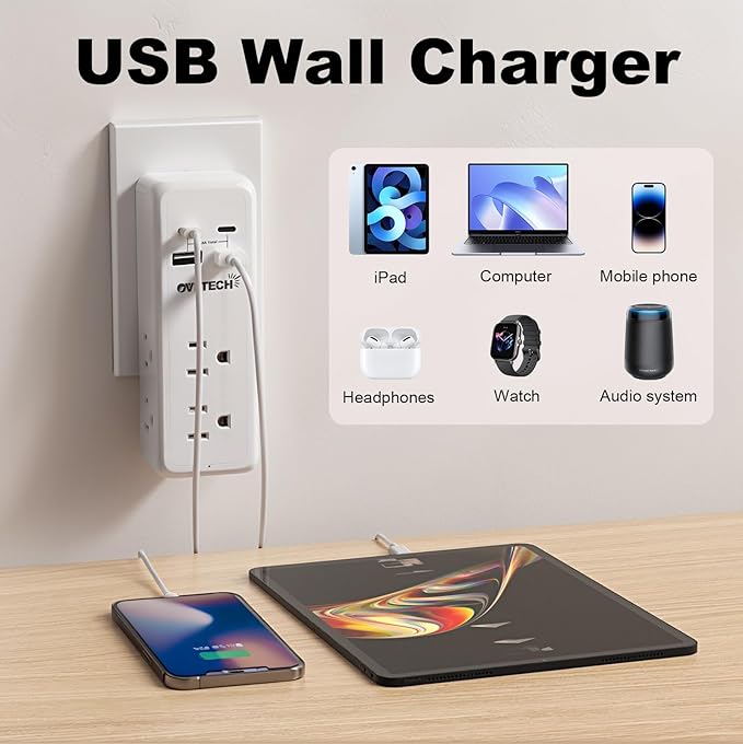 Surge Protector Outlet Extender- 4 USB Wall Charger (2 USB C) 4.5A Total, Wall Plug Splitter with 6 AC Electrical Power Expander, Spaced for Travel Home Office, White