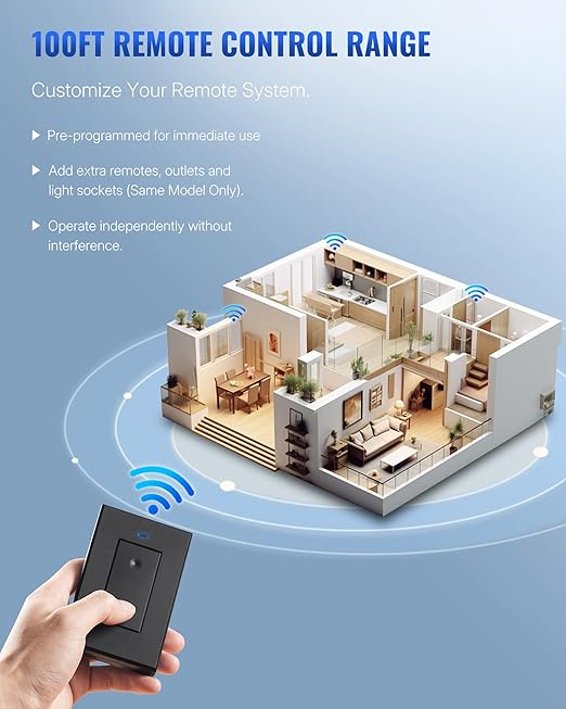 Black Remote Control Outlet Plug, WILAWELS Wireless Light Switch, On Off Remote Switch Outlet for Lights, Lamps, Home Appliance, 100ft RF Range, No Wiring, FCC Listed H05RC1106