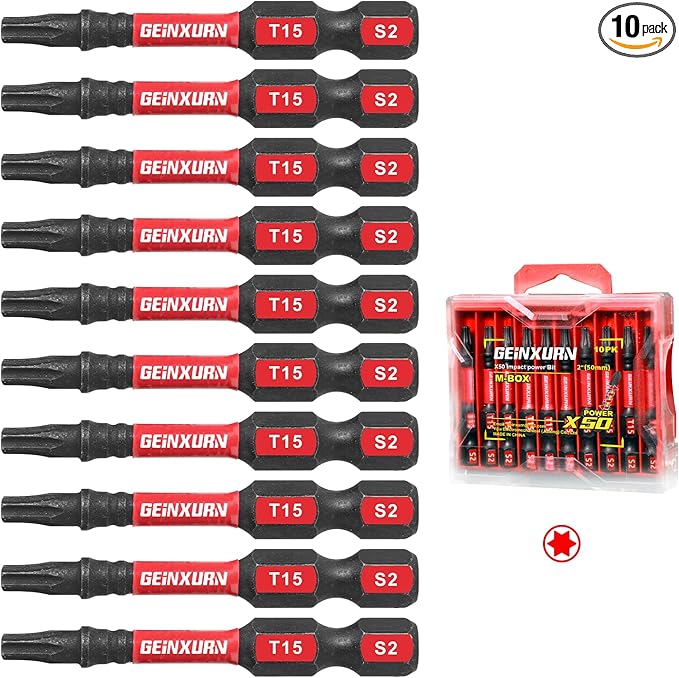 10Pieces 2 In. T15 Impact Tough Magnetic Screwdriver Bit Set, #15 Torx Head Power Bits, S2 Alloy Steel Star Bits with Storage M-Box